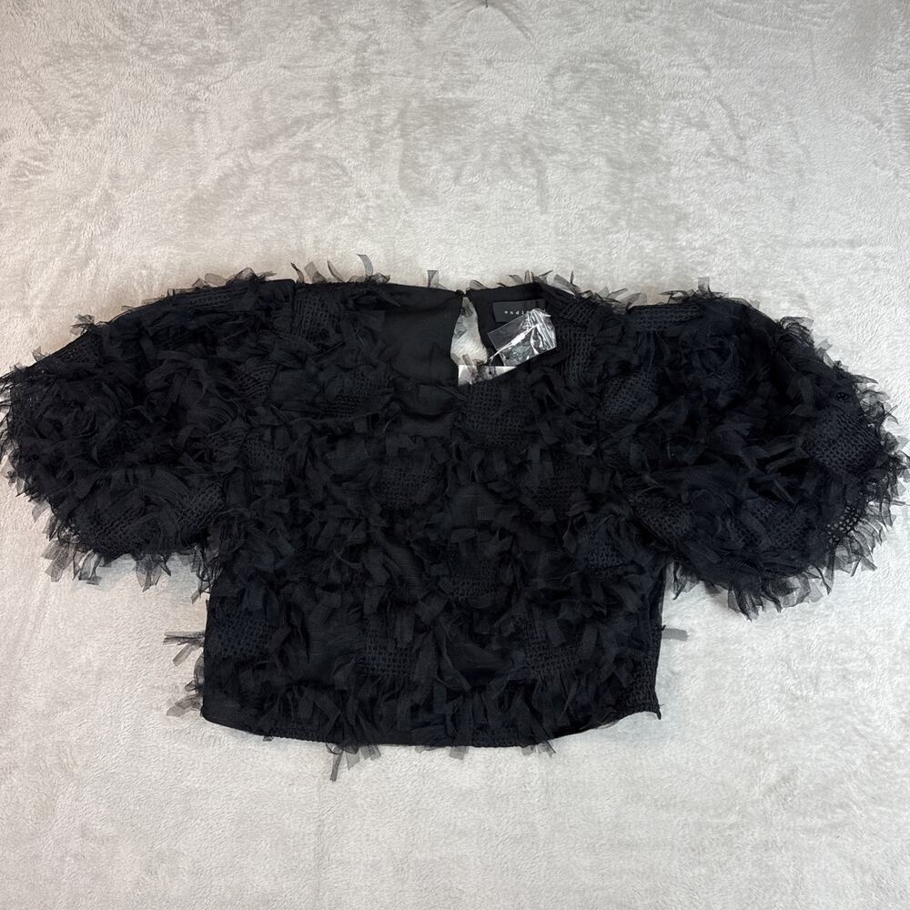 Endless Rose Women’s Elegant Black Top Whimsy Goth Feathered Crop Shirt L NWT